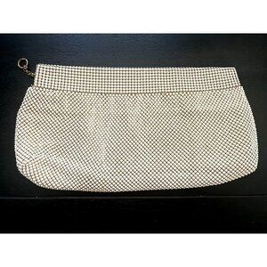 Vintage Whiting & Davis Mesh Bag Clutch beige zip top 9.5" x 4.5" rounded corner